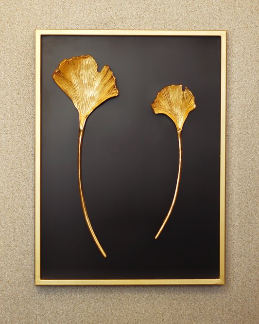 Golden Aluminum Leaf With Stem Shadow Box Wall Art